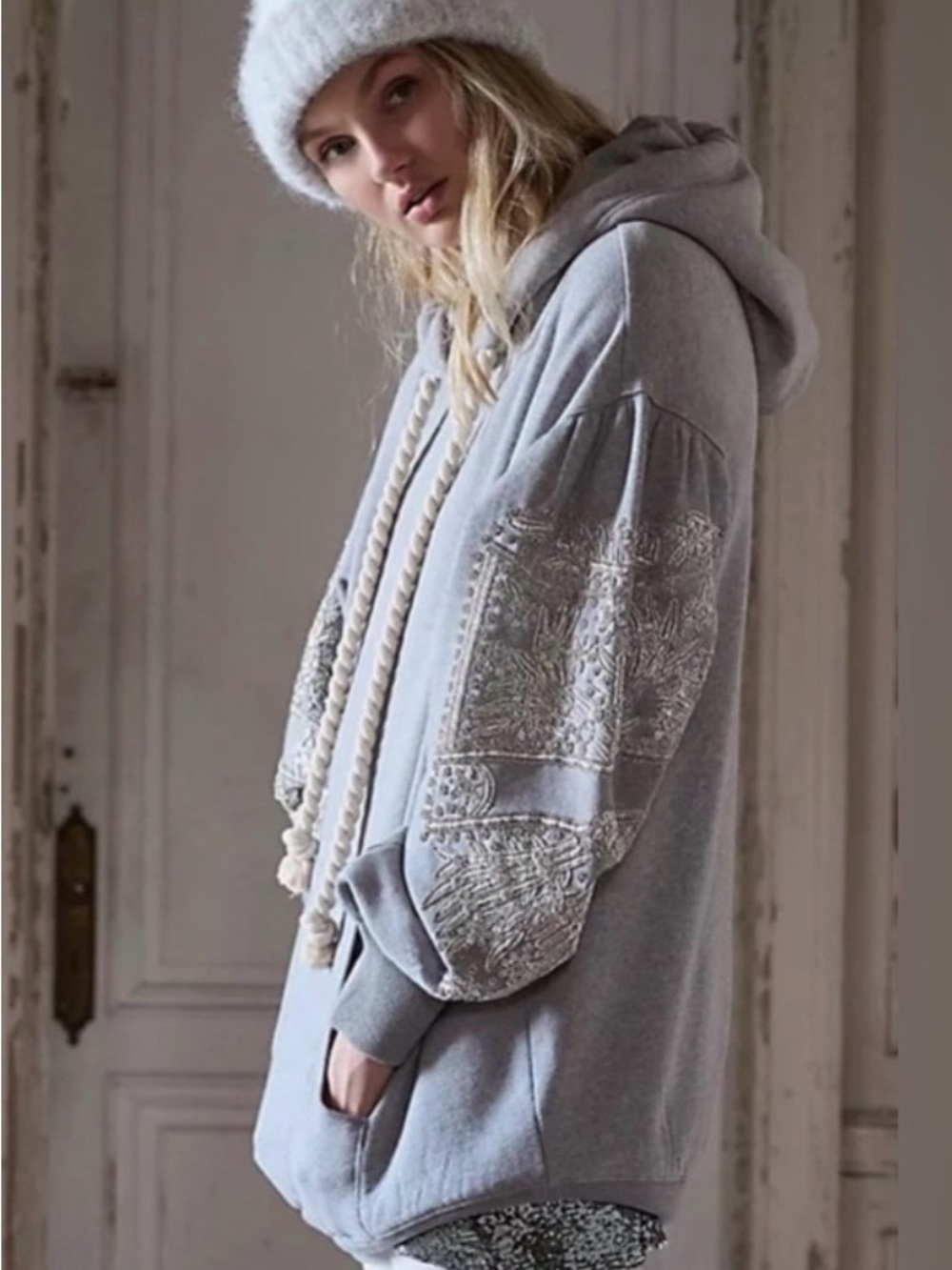 Free People Light Gray Embroidered Hoodie with Rope Drawstrings